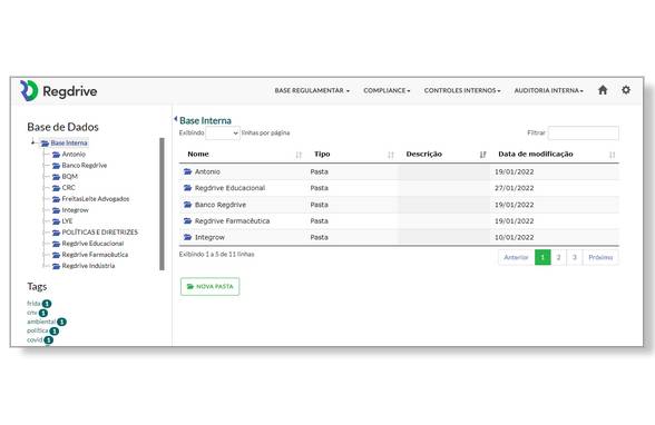 Regdrive Compliance - Navigation in the internal base showing various documents and flows registered by the user.