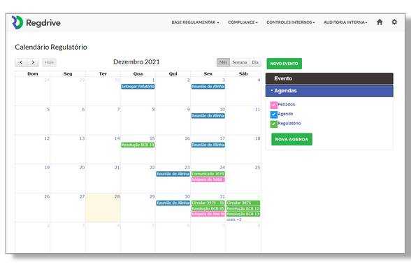 Regdrive Compliance - Mostra o calendário regulatorio, onde existem agendas diferentes com eventos distintos para cada agenta, mostrando todos no mesmo calendário com cores diferentes.
