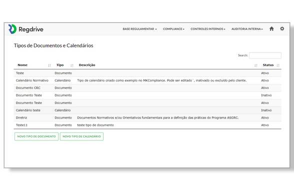 Regdrive Compliance - Screen shows various types of documents and calendars registered by users and shows the button to be able to create new types.